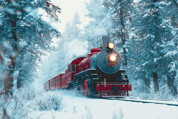 Red polar express train traveling through snowy forest landscape during winter season capturing the magic of holiday journeys