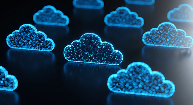 Digital cloud computing concept with glowing blue particles forming cloud shapes on a dark background, representing data storage and technology