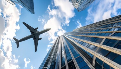 Upward cityscape view with modern skyscrapers and airplane flying overhead, dynamic perspective under partly cloudy sky