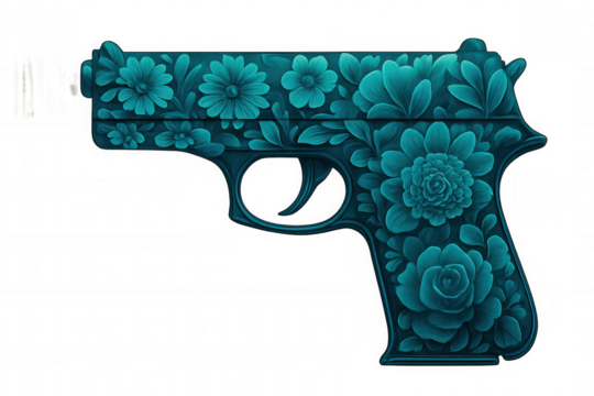 Turquoise gun decorated with flowers isolated on transparent background, representing concepts of peace, love, and non-violence