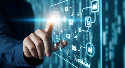 Business professional interacts with futuristic digital interface, managing complex data flow and analytics in real-time.