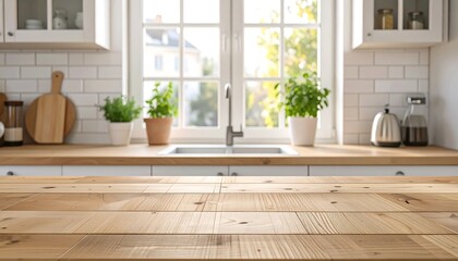 A light-filled kitchen scene, blurred behind a light brown wooden tabletop, showcasing a bright, airy atmosphere.