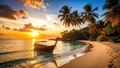 Sailboat anchored near tropical beach at sunset, calm turquoise water, vibrant orange and purple sky, palm trees casting shadows