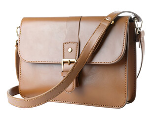 An elegant light brown leather shoulder bag, a stylish accessory for women, isolated on a white background.