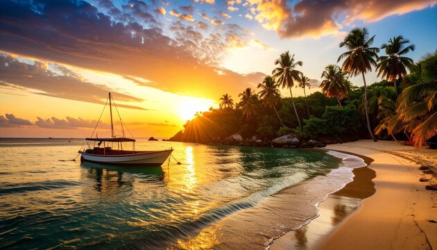 Sailboat anchored near tropical beach at sunset, calm turquoise water, vibrant orange and purple sky, palm trees casting shadows - Powered by Adobe