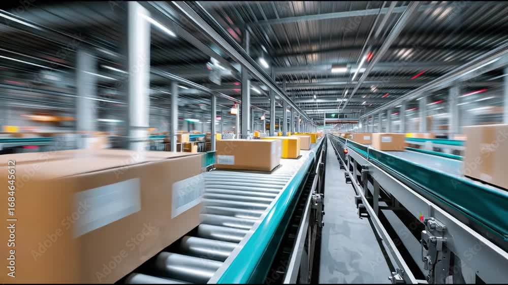 Poster efficient package sorting process in a modern logistics facility during daylight hours