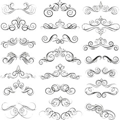 Create a kinds of deferent Vintage swirl ornament. Elegant decorative flourish elements, classic calligraphic baroque accents and swirly cursive shapes. vector art with white background.