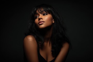 Fototapeta premium Young black woman model showcasing natural beauty with stunning features and captivating expression in dramatic lighting against a dark background