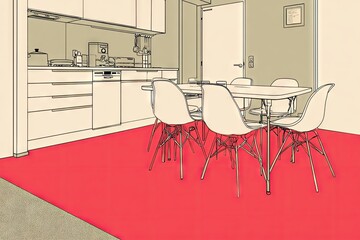 Sketch of a kitchen and dining area with a red carpet.
