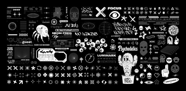Brutalism and retro futuristic logo, icons, 3d shapes, lettering elements. Retrofuturistic Y2K graphic box with HUD UI elements, icons, logo, stickers. Brutalism and Futurism Aesthetics in Vector Set