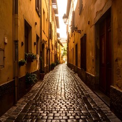 Naklejka premium Sunlit cobblestone alleyway between aged buildings