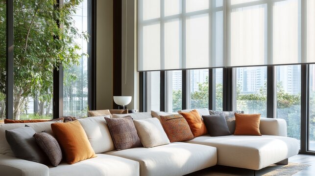 76.A modern living room bathed in soft natural light, featuring a plush sofa adorned with multicolored pillows in warm and cool tones. Expansive windows with motorized sunscreen roller blinds filter