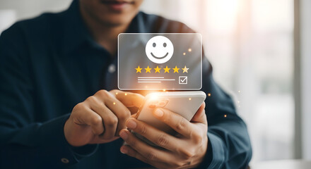 Customer leaving positive feedback with 5 stars and happy face on smartphone screen experience