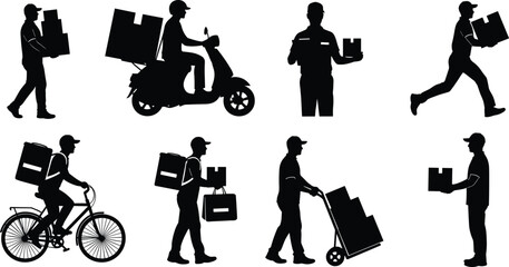 Silhouette Set of Delivery Workers Carrying Packages, Using Scooter, Bicycle, Trolley, and Delivering Boxes in Various Courier Poses