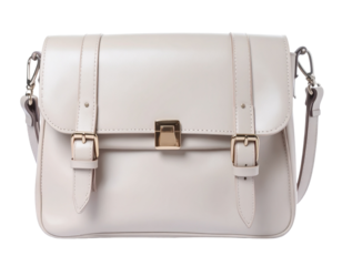 A stylish light gray leather shoulder bag, a fashionable accessory for women, isolated on a white background.