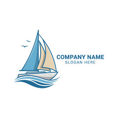 Simple logo design of a sailboat on stylized waves, featuring a company name placeholder.