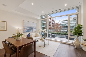 Modern apartment interior with city views.