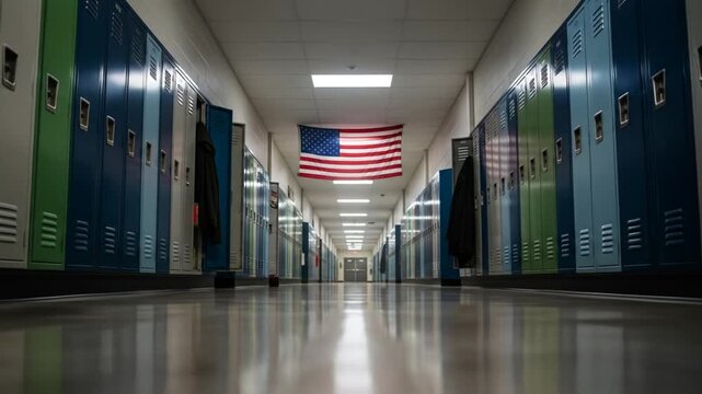 Empty school hallway with lockers and an American flag hanging from the ceiling.