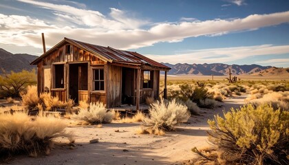 A weathered wooden cabin sits amidst the golden desert landscape, bathed in the warm light of the setting sun.