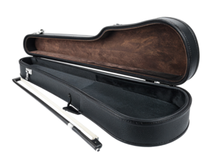 A black guitar case for a classic acoustic guitar, a musical instrument accessory, isolated on a white background.
