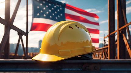Happy Labor Day background concept. Practical tool list layout of construction tools with yellow helmet and American flag on wooden background