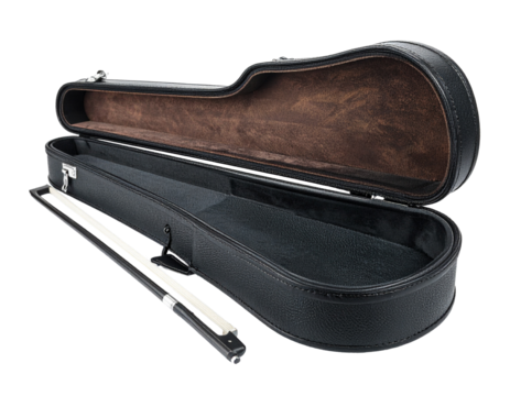 A black guitar case for a classic acoustic guitar, a musical instrument accessory, isolated on a white background.