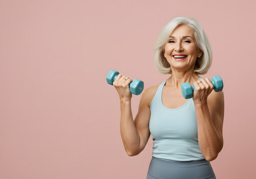 Confident senior woman joyfully lifting dumbbells, embracing a healthy active lifestyle and empowering fitness journey - Powered by Adobe