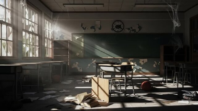 Sunlit, abandoned classroom, filled with debris and decay, showcasing the aftermath of a disaster.