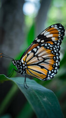 Fototapeta premium A beautiful monarch butterfly with intricate orange and black wings rests gently on a lush green leaf