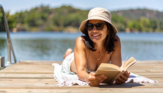 Person relaxing on wooden dock by lake, wearing sunhat, sunglasses, and swimsuit, reading a book on towel with calm water, trees, and hills in background - Powered by Adobe