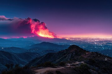 Nighttime wildfire over mountains and city