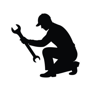 recommend clip art: Silhouette of a mechanic crouching and holding a large wrench tool, using wrench silhouette vector illustration