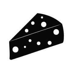 Black and white graphic illustration of a wedge of Swiss cheese, vegan cheese wedge silhouette vector illustration