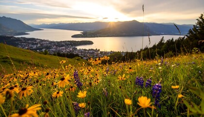 Sunset over lake and wildflowers