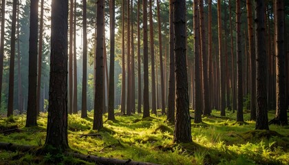 Sunlit pine forest, mossy ground
