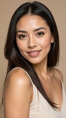 A young woman with a gentle smile and flawless skin, showcasing a soft, natural beauty against a neutral background.