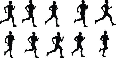 Silhouettes of a man running in different poses, showcasing athletic movement, jogging, fitness, and exercise in motion.