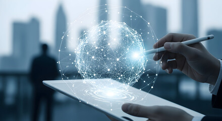 Innovator explores futuristic digital network visualization on tablet, shaping global connections