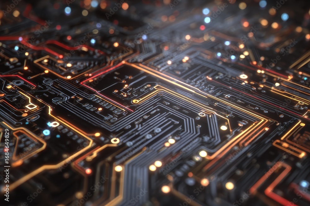 Poster circuit board background texture showcasing intricate patterns with glowing elements, perfect for te
