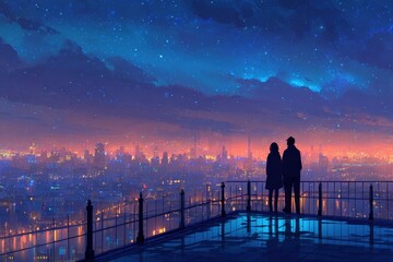 Fototapeta premium Couples enjoying a romantic moment overlooking a vibrant city skyline at twilight in anime style