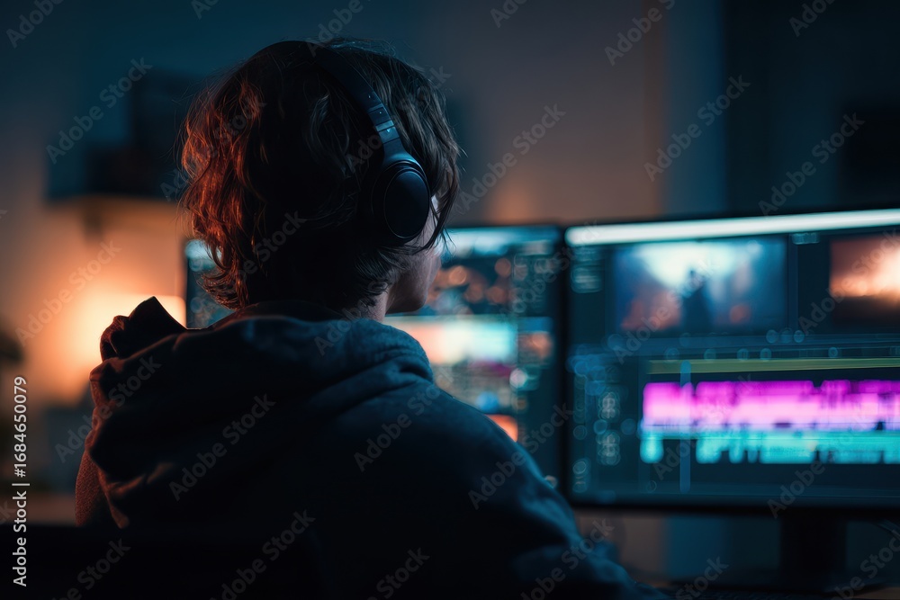 Aufkleber young content creator focuses intently while editing a project in a dimly lit room with multiple com