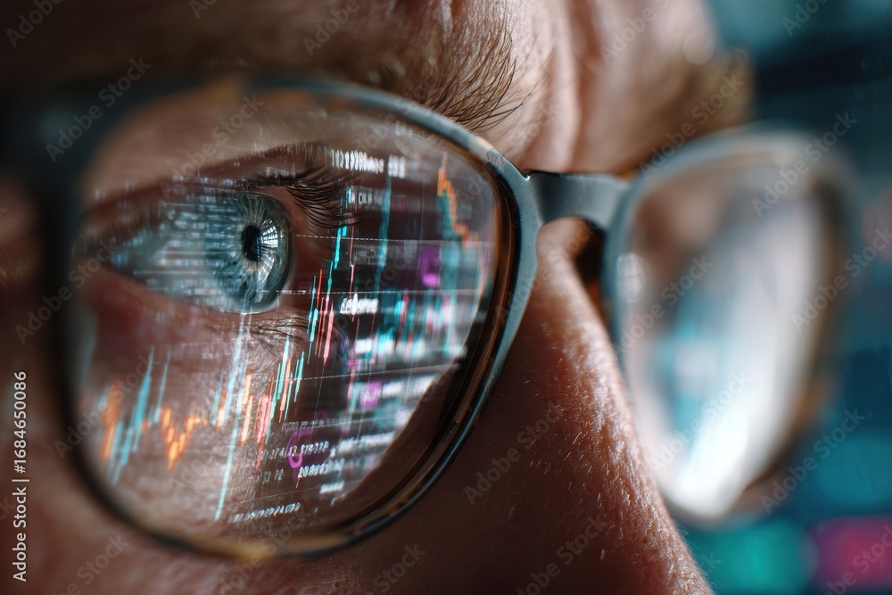 Poster close up of person analyzing data reflected in glasses during market analysis, capturing focus and i