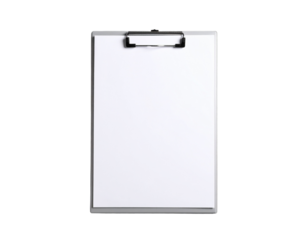 A blank white clipboard with a metal clip, a simple office accessory, isolated on a white background.