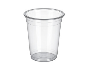 A simple transparent plastic cup, a disposable drink container, isolated on a white background.