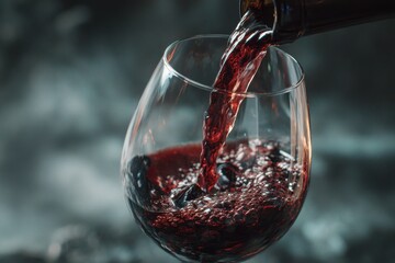 Close up view of rich red wine pouring into a glass with dark fruits present, showcasing the intricate details of the beverage and highlighting its luxurious appearance