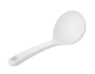 A simple white plastic spoon, a common piece of cutlery, isolated on a white background.