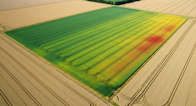 Aerial view of a cultivated field with varying crop health, showing green to yellow areas.