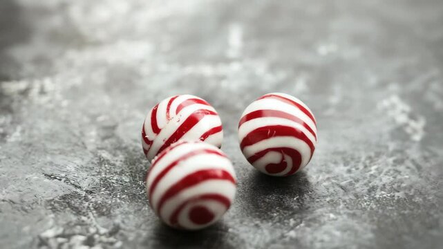 Three red and white striped round peppermint candies on grey surface