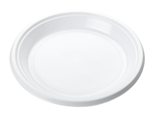A simple white plastic plate, a common piece of kitchenware, isolated on a white background.