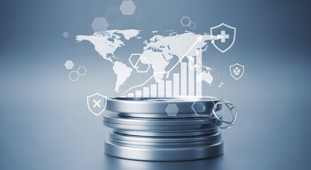 Global healthcare analytics shows upward trend with secure data shields and medical plus icons